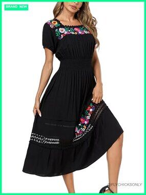 Floral Embroidered Maxi Dress Flowy Tiered Boho Beach Sundress